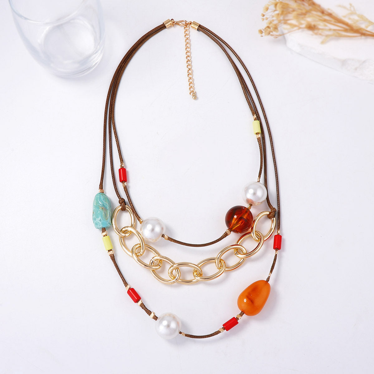 Stylish Layered Geometric Pearl and Resin Necklace with CCB and Leather String for Women - Perfect for Everyday Wear and Special Occasions