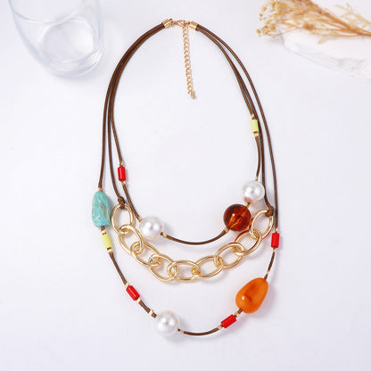 Stylish Layered Geometric Pearl and Resin Necklace with CCB and Leather String for Women - Perfect for Everyday Wear and Special Occasions