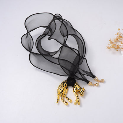 Vintage Wild Style Alloy Dripping Oil Leopard Pendant Statement Sweater Chain Necklace with Ribbon Tie - Bold and Unique Fashion Accessory