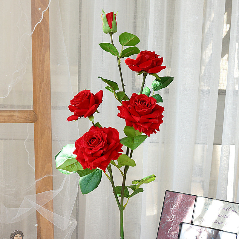 Vibrant Red Velvet Long-Stemmed Faux Roses - 5 Stunning Artificial Floral Stems for Home Decor, Photography, and Wedding Decorations