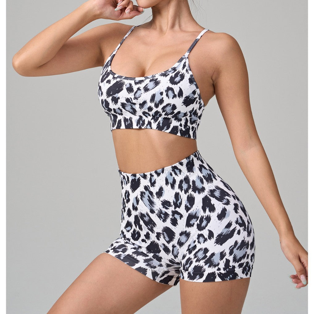 Leopard Print Yoga Outfit Set for Women Includes Outdoor Sports Bra and High Waisted Shorts for Fitness and Workouts