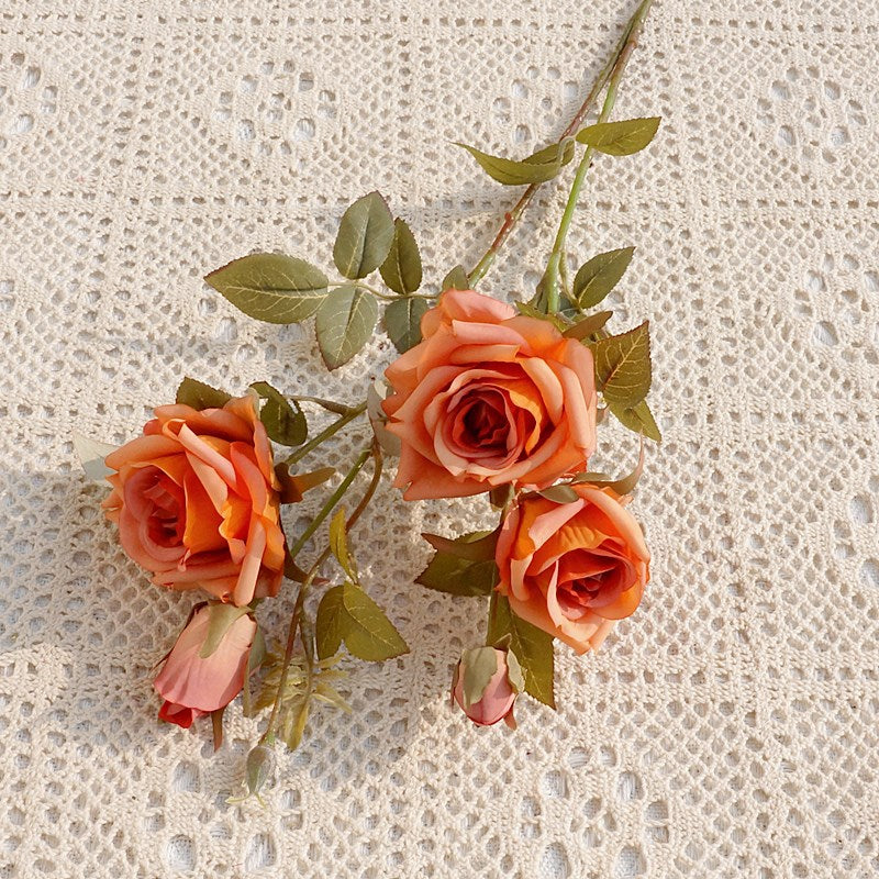 Realistic Faux Flower Faux Rose Bouquet - 2-Branch Autumn-Inspired Edged Roses for Valentine's Day, Weddings, Home Decor, and Photography Props