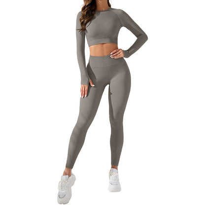 Women's Quick Dry Two Piece Yoga Outfit Set Long Sleeve Top and Pants for Outdoor Sports Running and Fitness Training