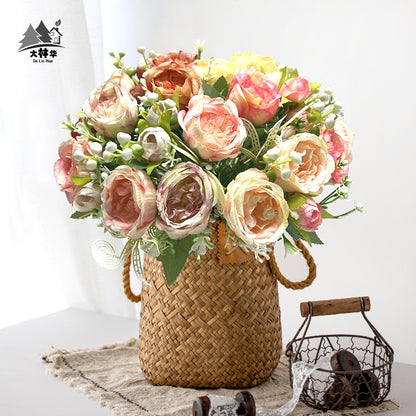 Realistic 5-Head Artificial Rose & Peony Flower Bouquet - Perfect for Weddings, Home Décor, and Special Events