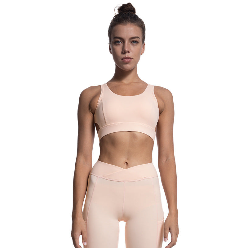 Backless Sports Bra and Cross Waist Double Pocket Leggings Yoga Set for Comfort and Performance