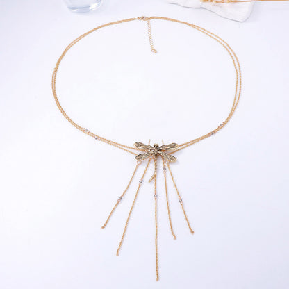 Elegant Luxury-Inspired Double Layer Women's Necklace with Alloy Dragonfly Pendant and Tassel Design – Perfect for Any Occasion