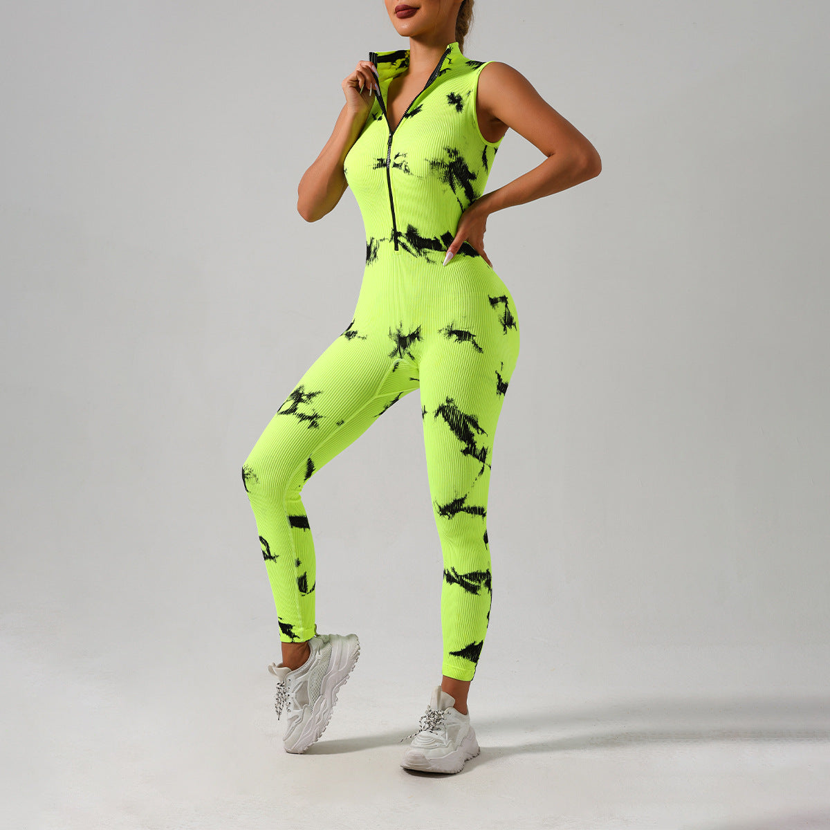 Tie Dye Sleeveless Yoga Jumpsuit for Women with Stand Up Collar and Zipper for Fitness Gym and Everyday Wear