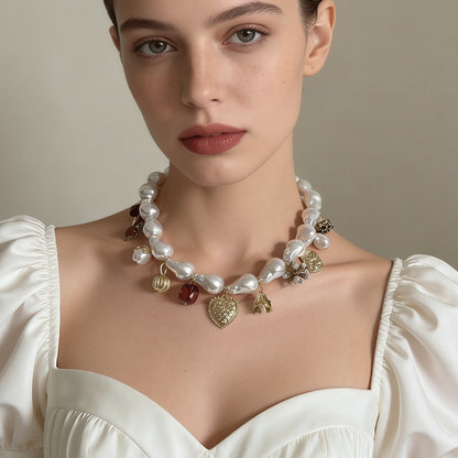 Elegant Minimalist Baroque-Inspired Heart and Gemstone Pendant Necklace with Faux Pearls – Perfect for Everyday Casual Wear