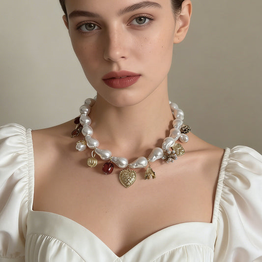 Elegant Minimalist Baroque-Inspired Heart and Gemstone Pendant Necklace with Faux Pearls – Perfect for Everyday Casual Wear