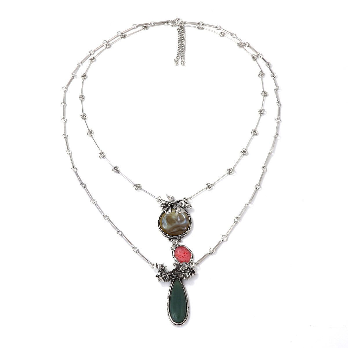 Bohemian-Inspired Alloy Geometric  Floral Inlay Resin Gemstone Multi-Layer Necklace – Perfect for Adding a Touch of Unique Style to Any Outfit