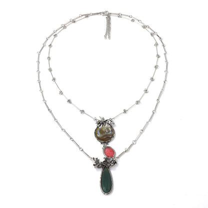 Bohemian-Inspired Alloy Geometric  Floral Inlay Resin Gemstone Multi-Layer Necklace – Perfect for Adding a Touch of Unique Style to Any Outfit