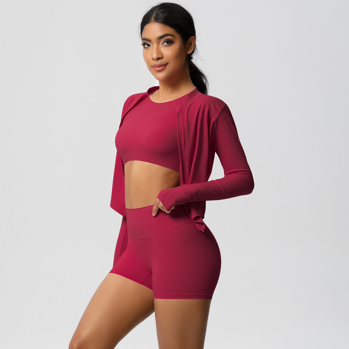 High Waisted Women's Three Piece Casual Short Set with Short Sleeve Top for Yoga Running and Outdoor Workouts