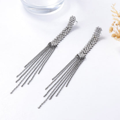 Exquisite Lightweight Luxury Alloy Geometric Rhinestone Tassel Long Dangle Earrings - Versatile Statement Pieces for Evening Events and Parties
