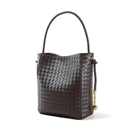 and Women's Leather Bucket Bag Spacious Handheld Tote for Everyday Commutes Genuine Cowhide Weave Design for Work and Casual Outings