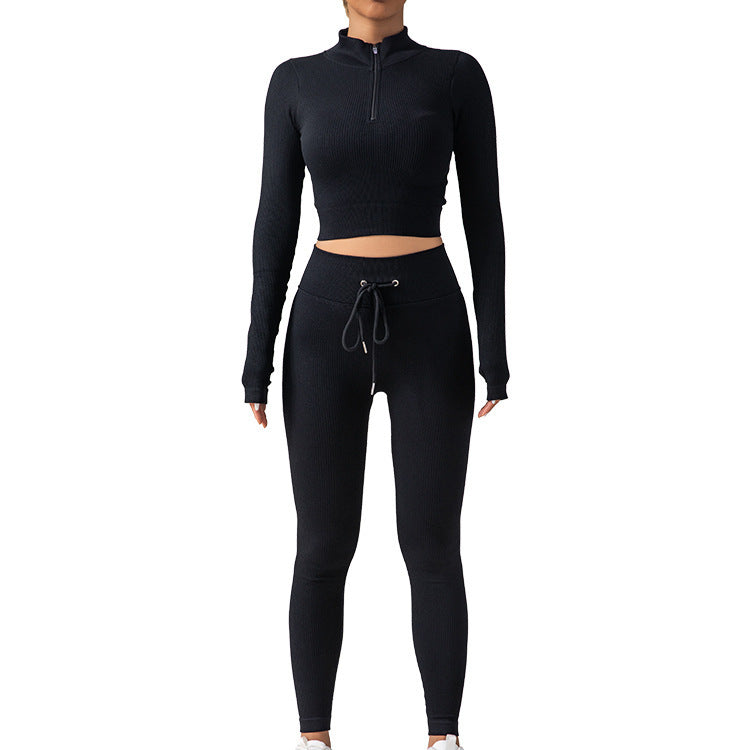 Chic Solid Color Zip Up Long Sleeve Fitness Set with Drawstring High Elastic Slim Fit Yoga Pants for Women for Fashionable Workouts and Daily Wear