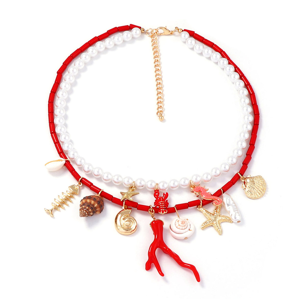 Trendy Minimalist Ocean-Inspired Double-Layer Pendant Necklace with Faux Pearl, Starfish, Seashell, and Coral Accents - Perfect for Casual Vacations and Beach Getaways