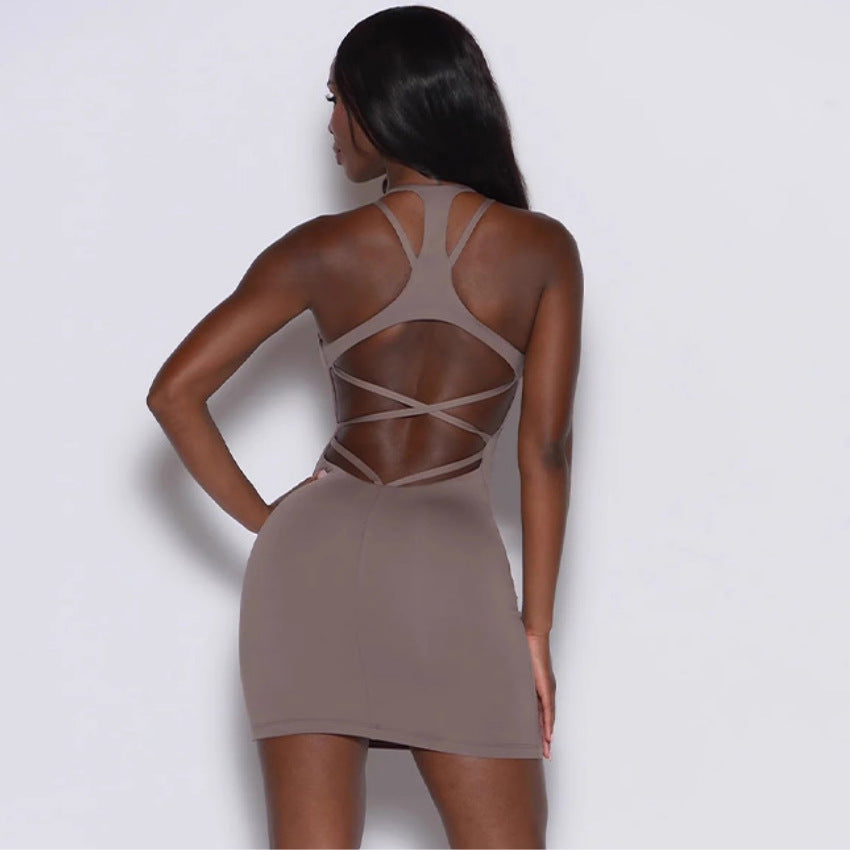 Peach Buttocks Bodycon Dress for Women with Built in Bra Versatile Hollow Back Sleeveless Yoga Dress for Dance and Fitness