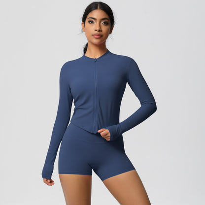 Soft Brushed Zip Up Jacket and High Waisted Short Yoga Set for Outdoor Sports and Fitness Training