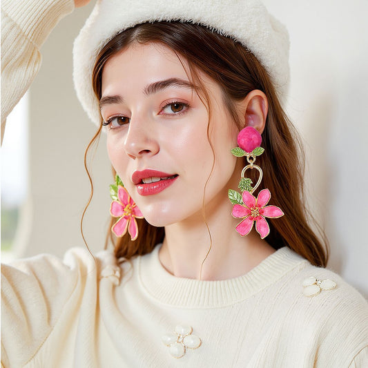 Chic Korean-Inspired Alloy Drop Oil Peach Blossom Earrings - Fresh & Minimalist Design for Stylish Vacation Wear