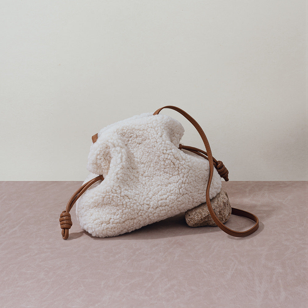 Cozy Sheepskin Drawstring Tote Bag for Fall Winter Versatile Plush Shoulder and Crossbody Bag with Lazy Chic Vibe