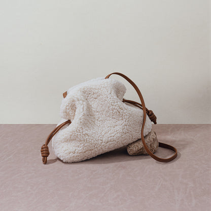 Cozy Sheepskin Drawstring Tote Bag for Fall Winter Versatile Plush Shoulder and Crossbody Bag with Lazy Chic Vibe