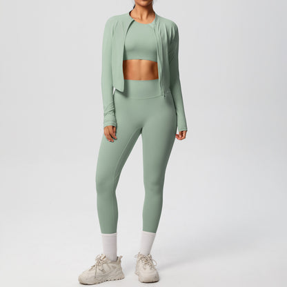 and Breathable Women's 3 Piece Workout Set Fleece Lined Tight Fitting Jacket Pants and Top for Running and Yoga