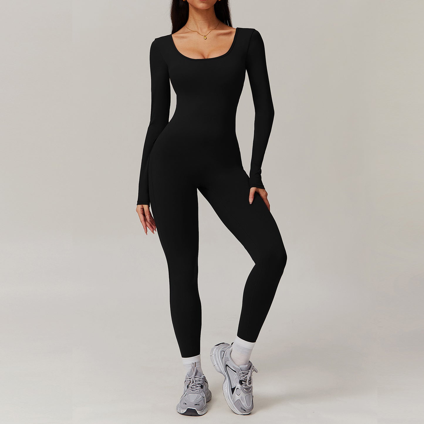 Women's Long Sleeve Yoga Jumpsuit Slim Fit Full Body Athleisure Outfit for Running and Fitness 8979