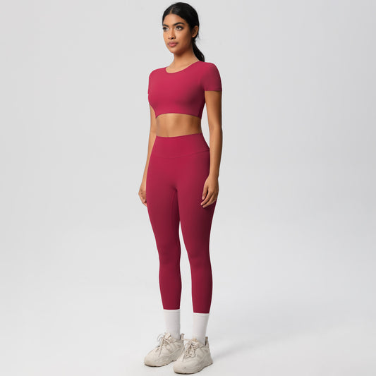 Soft Brushed Fabric Yoga Set with Built in Bra Short Sleeve Top High Waisted Butt Lifting Leggings for Running and Fitness