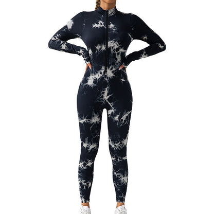 Seamless Tie Dye Long Sleeve Jumpsuit with Chest Padding and Zipper for Running Fitness and Yoga