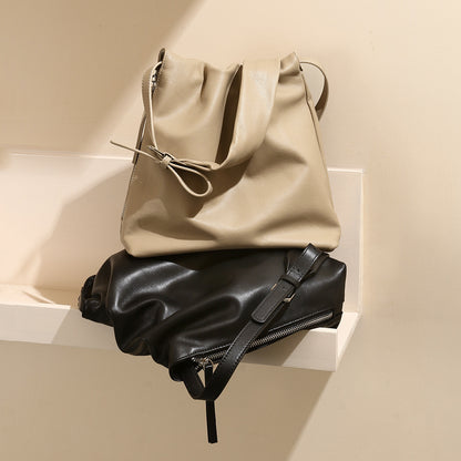 Genuine Top Grain Leather Pleated Tote Bag with Side Zip for Women Elegant Shoulder and Crossbody Design for Everyday Use