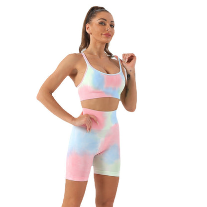 Women's Tie Dye Yoga Set Sports Bra High Waisted Shorts for Comfortable Fitness and Relaxation