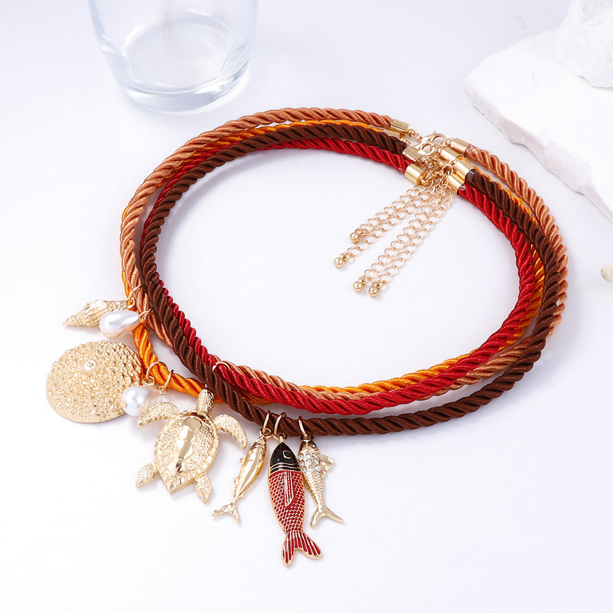 Handcrafted Summer Ocean-Inspired Colorful Rope Necklace with Unique Alloy Marine Animal Pendants – Perfect Accessory for Beach Lovers