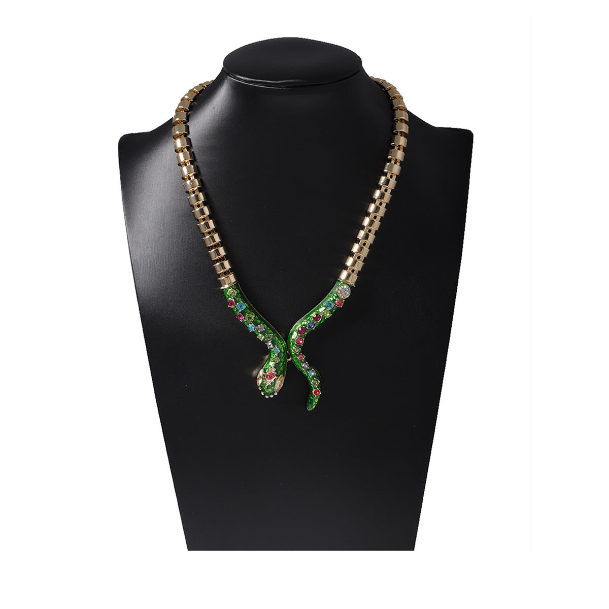 Exaggerated Creative Design Metal Chain Necklace with Colorful Zirconia and Green Snake Pendant – Unique Women's Jewelry Accessory