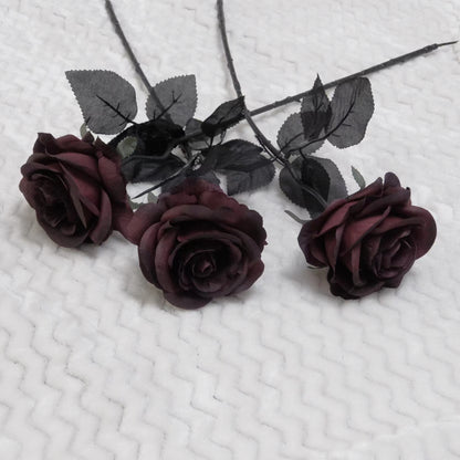 Realistic Dark Wine Red Rose Black Artificial Silk Flowers for Halloween Parties - Stunning Photography Decoration Props for Gothic-Themed Events