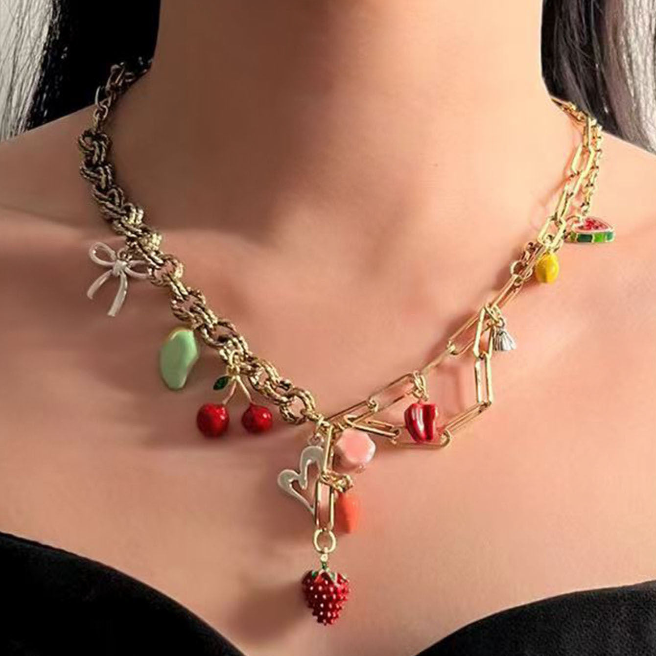 Trendy and Unique Alloy Dripped Oil Strawberry Cherry Radish Pendant Mixed Chain Necklace - Perfect for Fashion-Forward Individuals