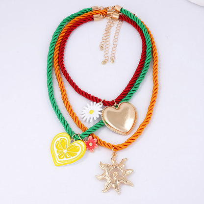 Charming Summer Multi-Layered Colorful Heart Pendant Necklace with Cute Flower Accents - Ideal for Casual Vacations and Stylish Outings