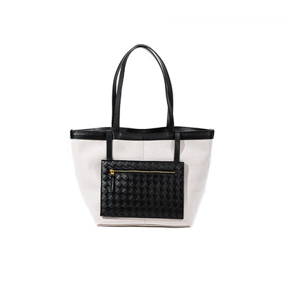 Chic Color Blocked Canvas Tote Bag Spacious Woven Shoulder Bag for Commuters Featuring Leather Accents for Women