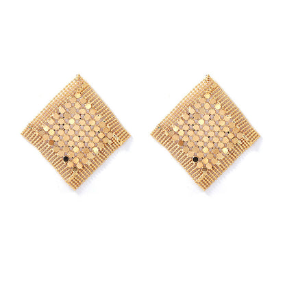 Chic Minimalist Luxury Metal Sequin Tassel Diamond Grid Stud Earrings – Versatile & Sophisticated Style for Women