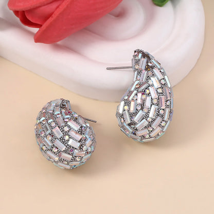 Trendy Droplet Gradient Colored Glass Ear Studs with Full Sparkling Crystals - Chic, Versatile, and Elegant Jewelry for Every Occasion