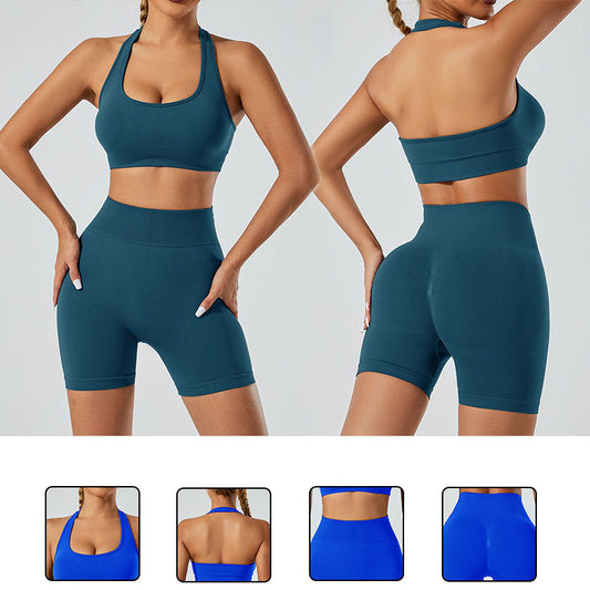 Seamless High Elastic Yoga Shorts and Sports Bra Set for Running and Fitness Workouts and Comfortable Women's Activewear