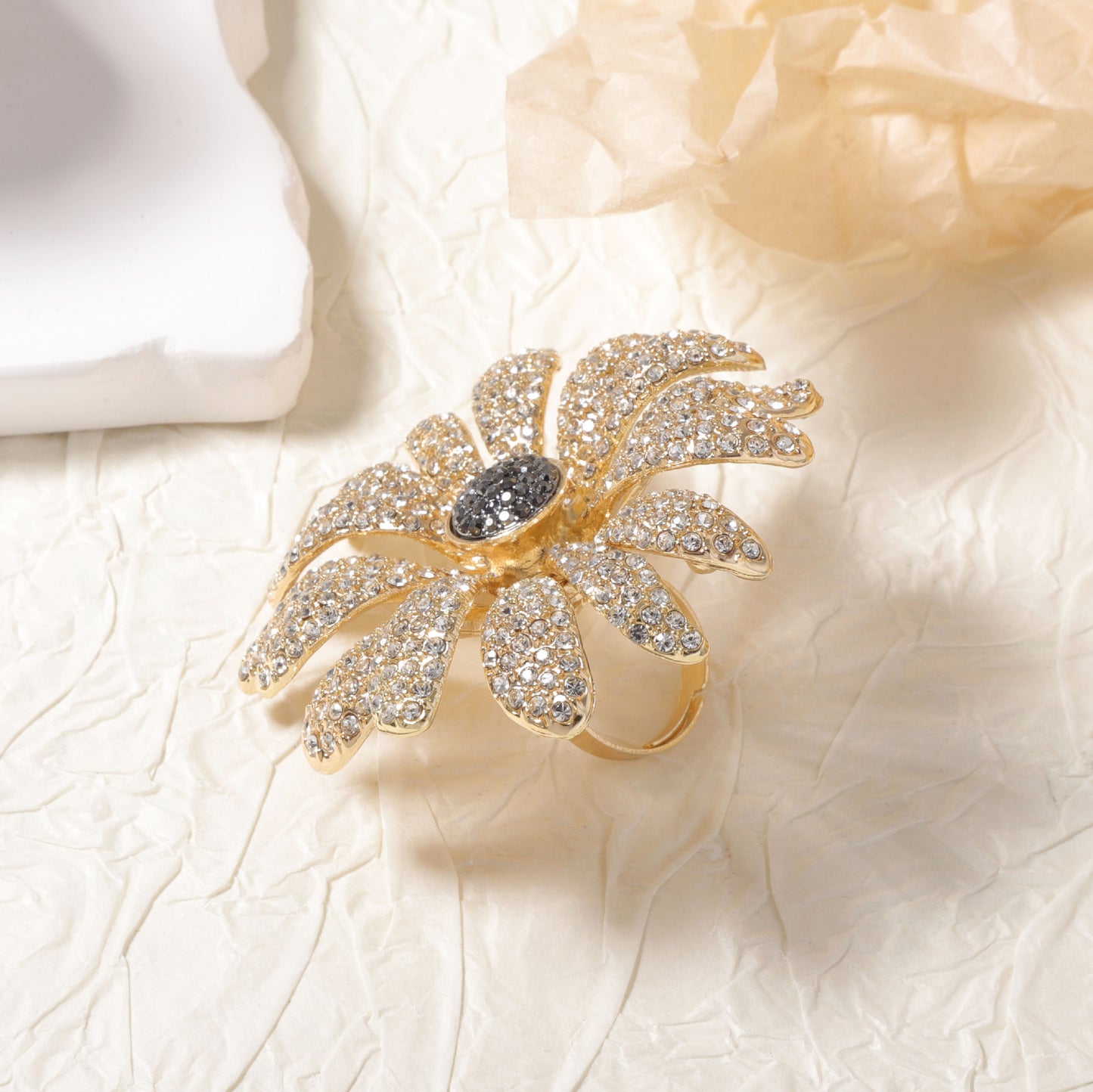 Exquisite High-End Design Oversized Floral Statement Ring with Sparkling Rhinestones for Women - Fashionable Alloy Open Floral Statement Piece