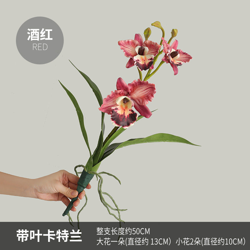 Zen-Inspired Tea Room Decor with Realistic Touch – Orchid Flower Arrangement with Leaves for Living Room and Entryway Accent