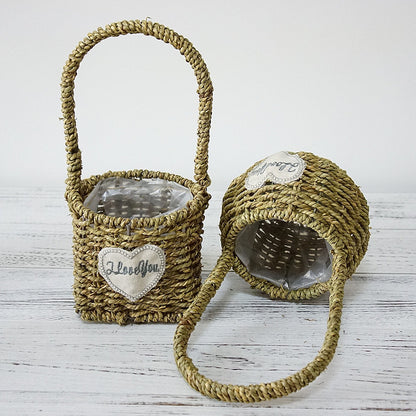 Handcrafted Rustic Woven Grass and Willow Flower Basket - Waterproof Succulent Decorative Basket for Artificial Floral Arrangements with Ergonomic Handle