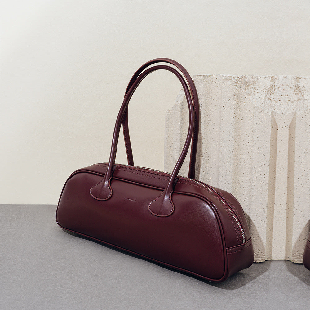 Chic Korean Style Vintage Bowling Bag Versatile Genuine Leather Shoulder and Underarm Bag with Spacious Capacity for Every Occasion