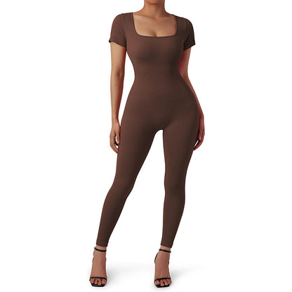 Seamless Ribbed Yoga Jumpsuit for Women Short Sleeve Bodysuit with Built in Chest Pads for Fall and Winter Fitness Comfortable and Activewear