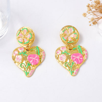 Exquisite Vintage-Inspired Palace-Style Oil Painting Alloy Drop Heart Flower Earrings – Bold Floral Design for Elegant Statement Jewelry