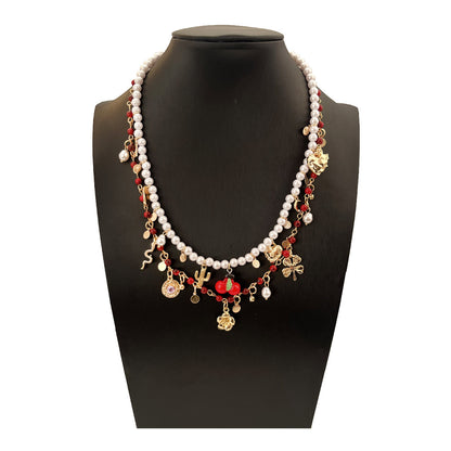 Elegant Double-Layer Beaded Necklace with Imitation Pearl and Glass Flower Pendants - Perfect for Layering and Special Occasions