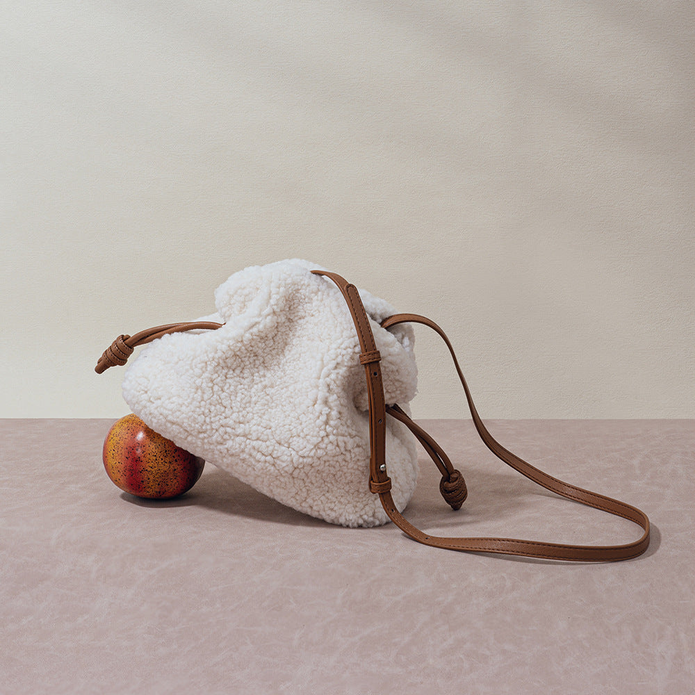 Cozy Sheepskin Drawstring Tote Bag for Fall Winter Versatile Plush Shoulder and Crossbody Bag with Lazy Chic Vibe