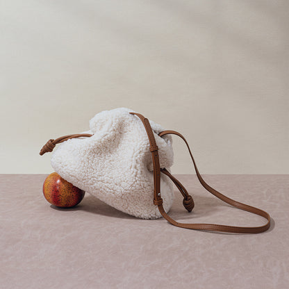 Cozy Sheepskin Drawstring Tote Bag for Fall Winter Versatile Plush Shoulder and Crossbody Bag with Lazy Chic Vibe