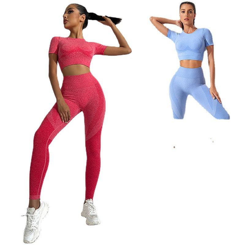 Seamless Tie Dye Peach Butt Lift 2 Piece Set Short Sleeve Yoga Top Leggings for Running Fitness and Workout Enthusiasts